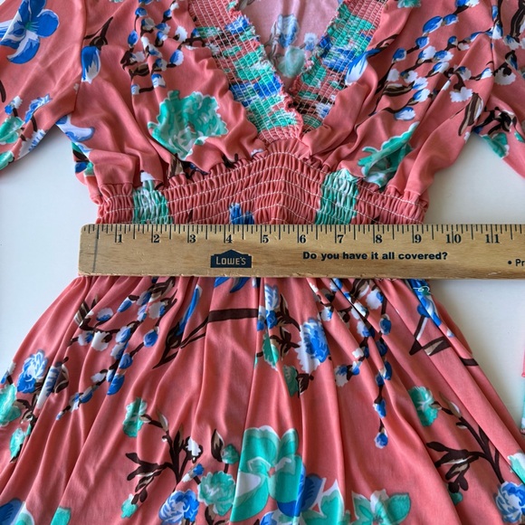 Y2K Babydoll V Neck Pink and Floral Tunic Top Smocked Waist with Bell Sleeves - Picture 5 of 7